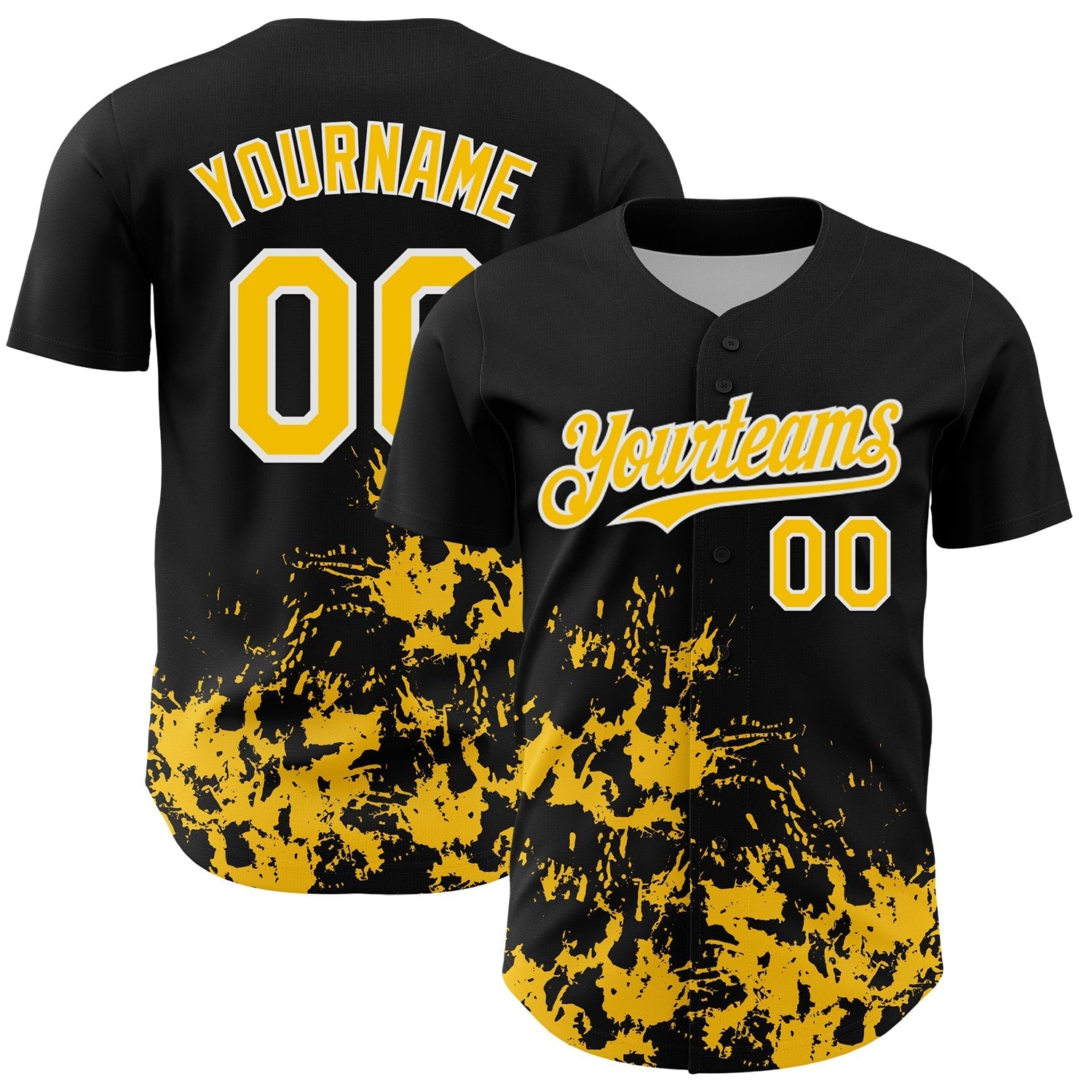 Custom Black Yellow-White Splatter Authentic Baseball Jersey baseball jersey product view 1
