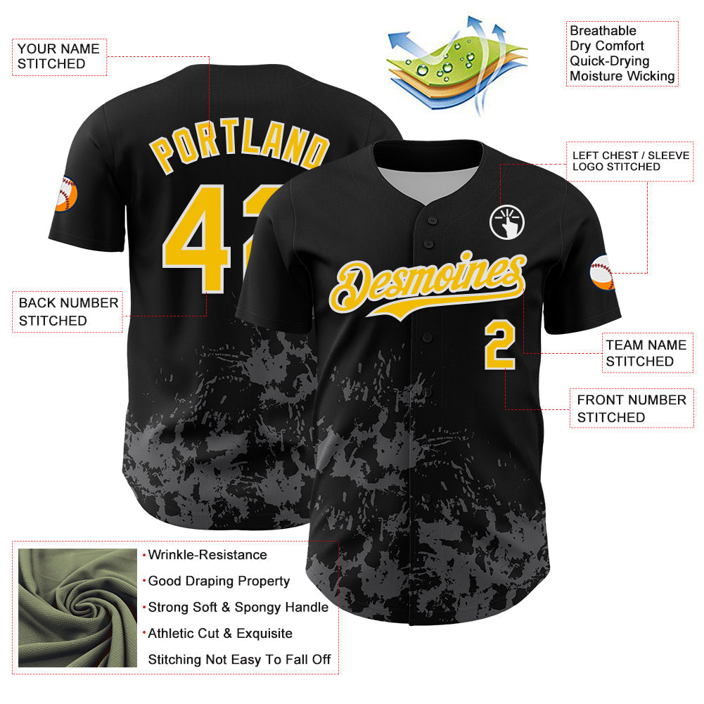 Custom Black Yellow White-Gray Splatter Authentic Baseball Jersey baseball jersey product view 3