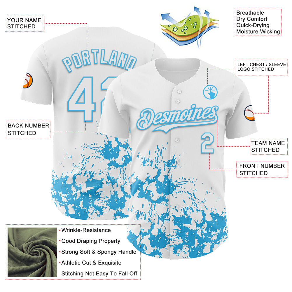 Custom White Sky Blue Splatter Authentic Baseball Jersey baseball jersey product view 3