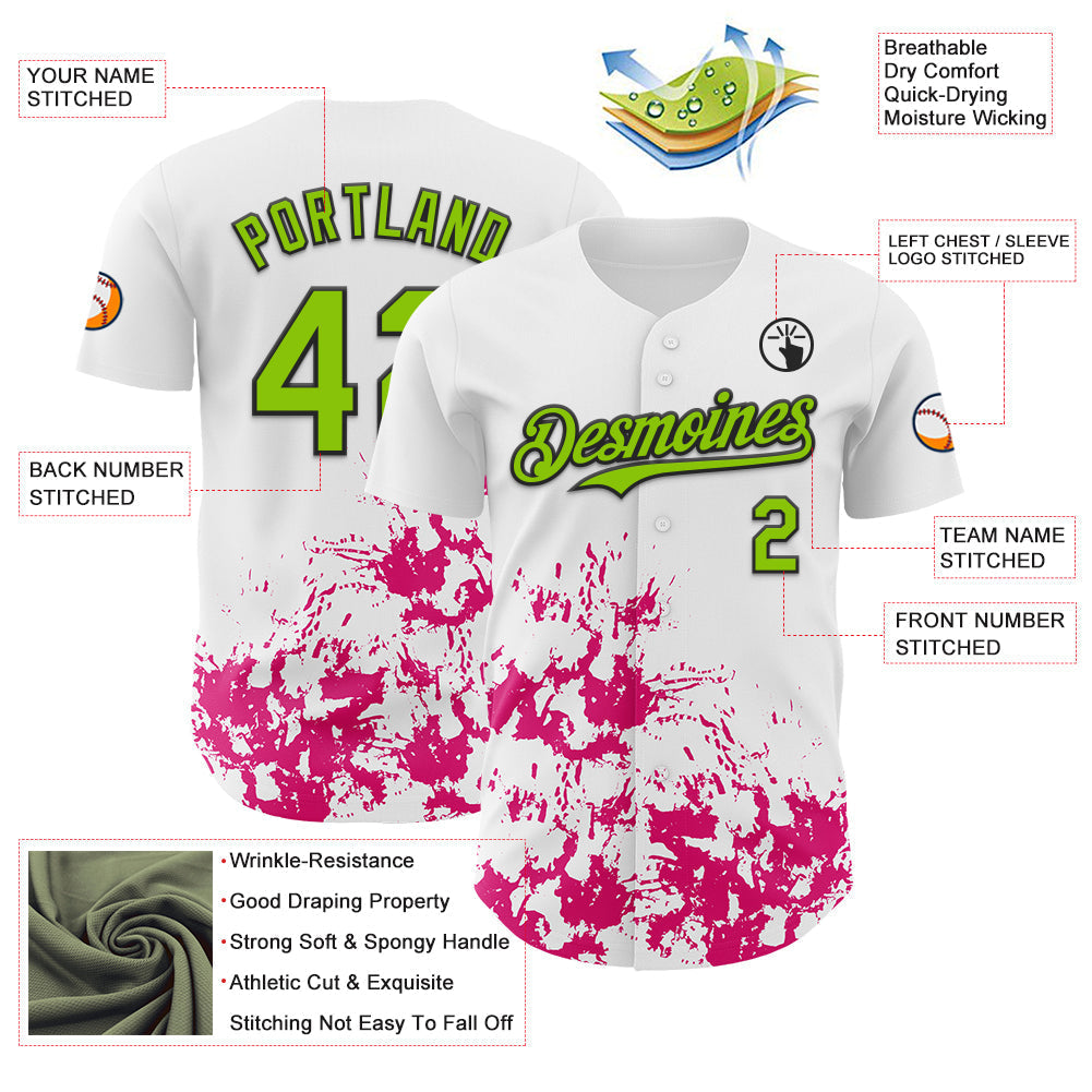 Custom White Neon Green Black-Pink Splatter Authentic Baseball Jersey baseball jersey product view 3