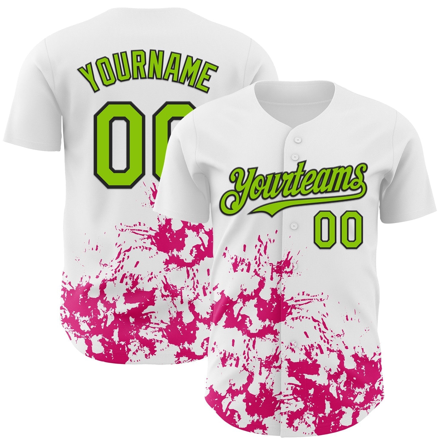 Custom White Neon Green Black-Pink Splatter Authentic Baseball Jersey baseball jersey product view 1