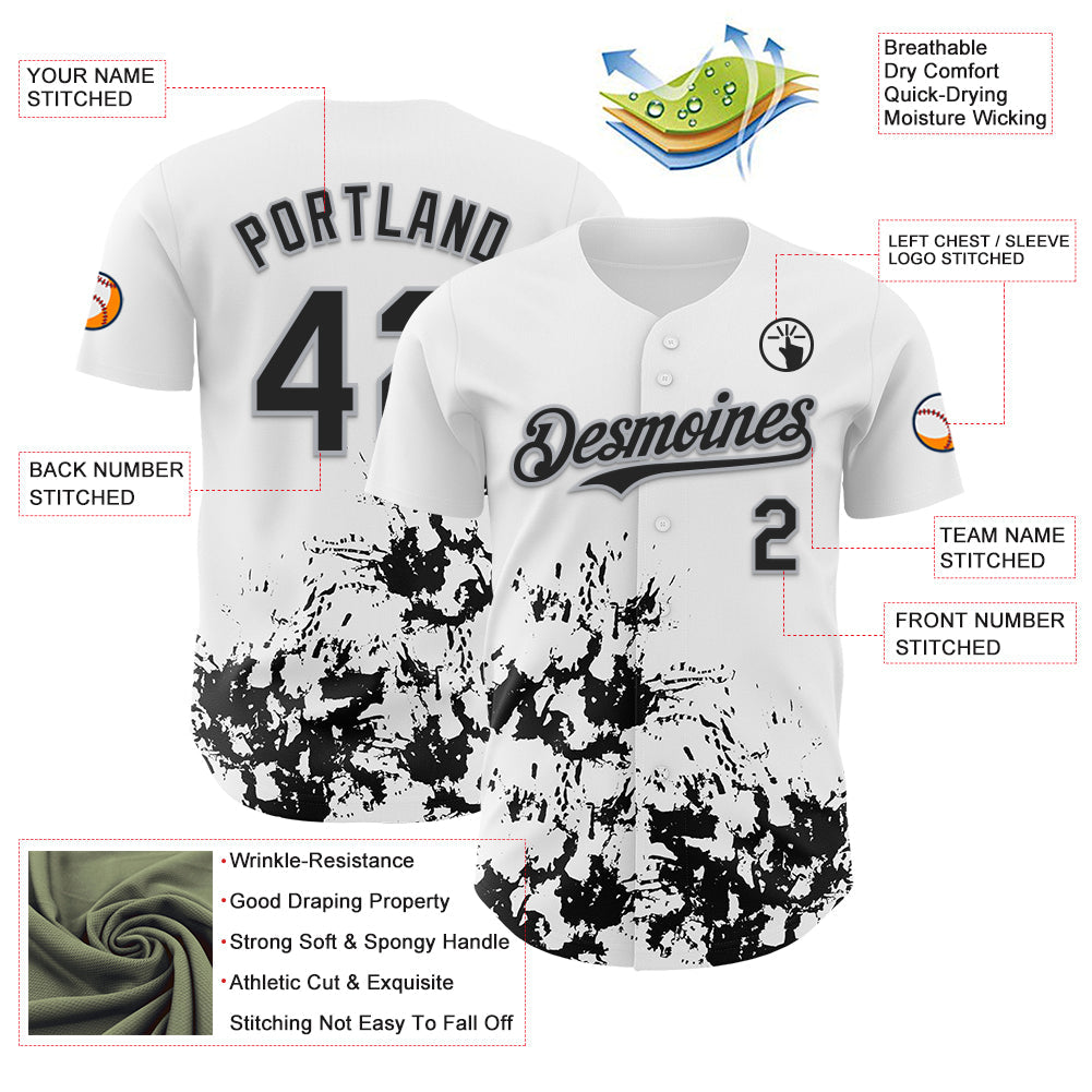 Custom White Black-Gray Splatter Authentic Baseball Jersey baseball jersey product view 3