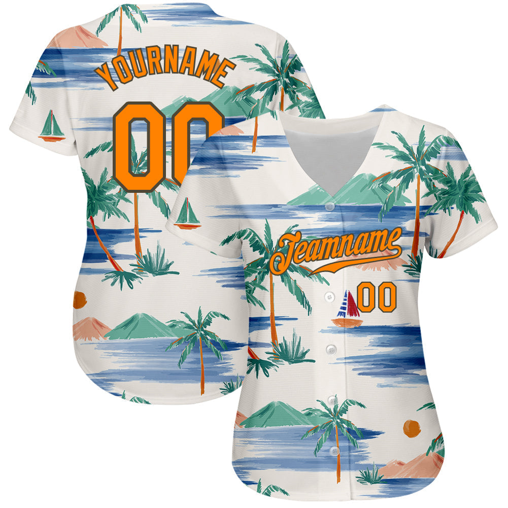 Custom Cream Bay Orange-Olive 3D Pattern Design Beach Coconut Palms Island And Sailboat Authentic Baseball Jersey baseball jersey product view 2
