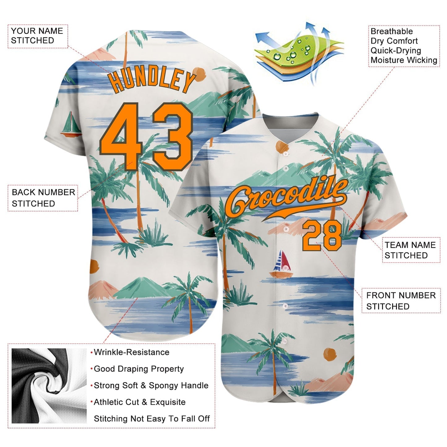 Custom Cream Bay Orange-Olive 3D Pattern Design Beach Coconut Palms Island And Sailboat Authentic Baseball Jersey baseball jersey product view 3