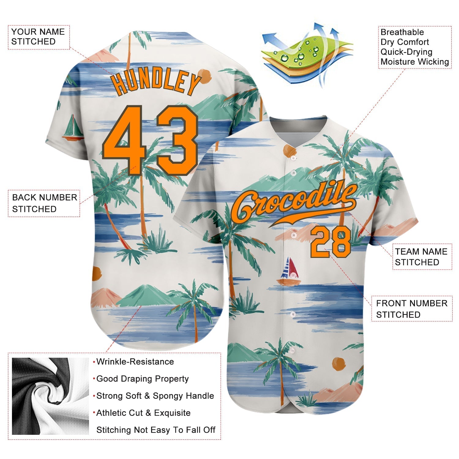 Custom Cream Bay Orange-Olive 3D Pattern Design Beach Coconut Palms Island And Sailboat Authentic Baseball Jersey baseball jersey product view 3