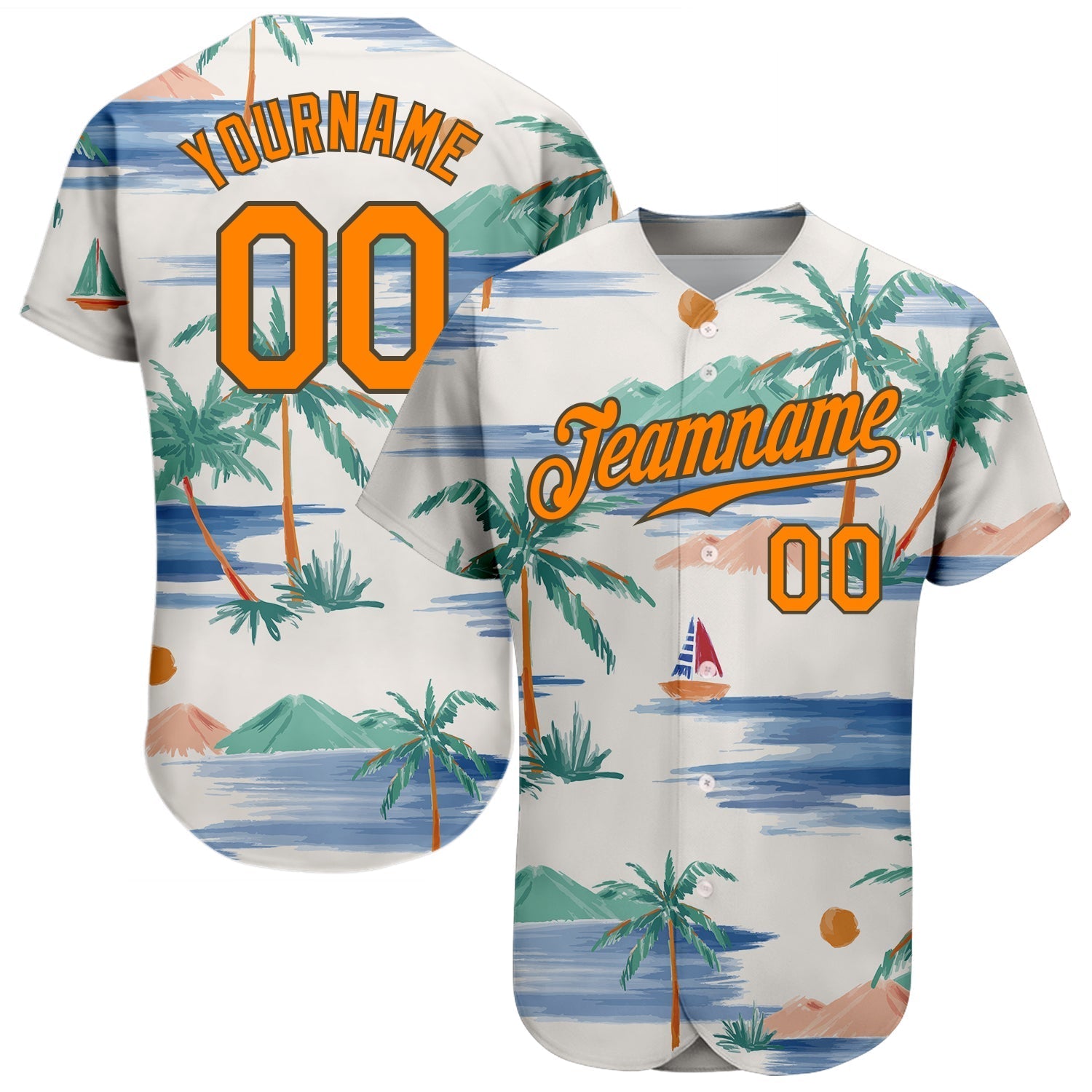 Custom Cream Bay Orange-Olive 3D Pattern Design Beach Coconut Palms Island And Sailboat Authentic Baseball Jersey baseball jersey product view 1