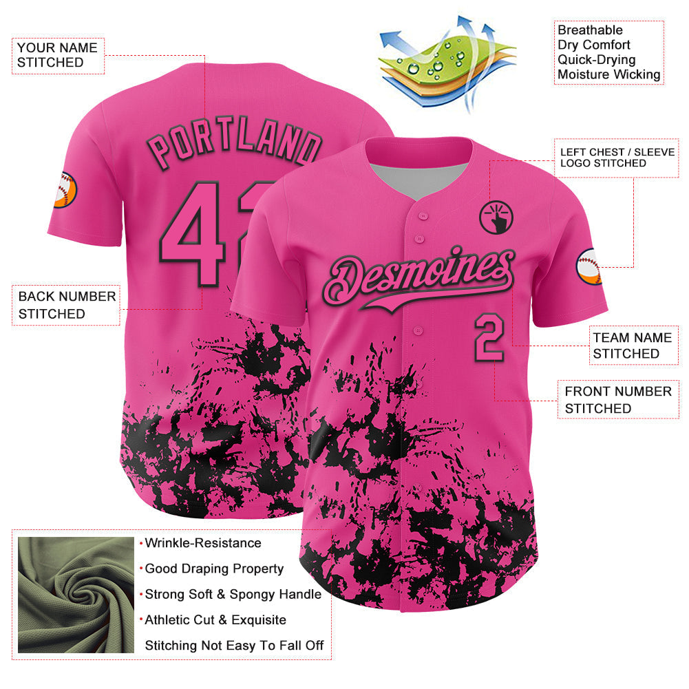 Custom Pink Black Splatter Authentic Baseball Jersey baseball jersey product view 3