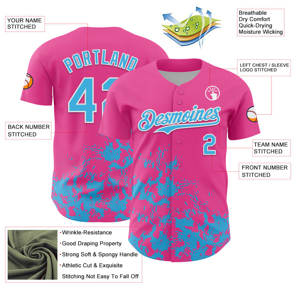Custom Pink Sky Blue-White Splatter Authentic Baseball Jersey baseball jersey product view 3