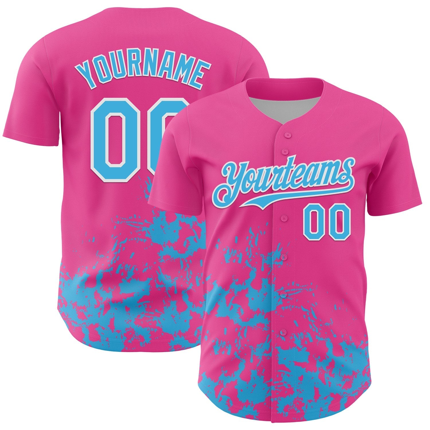 Custom Pink Sky Blue-White Splatter Authentic Baseball Jersey baseball jersey product view 1