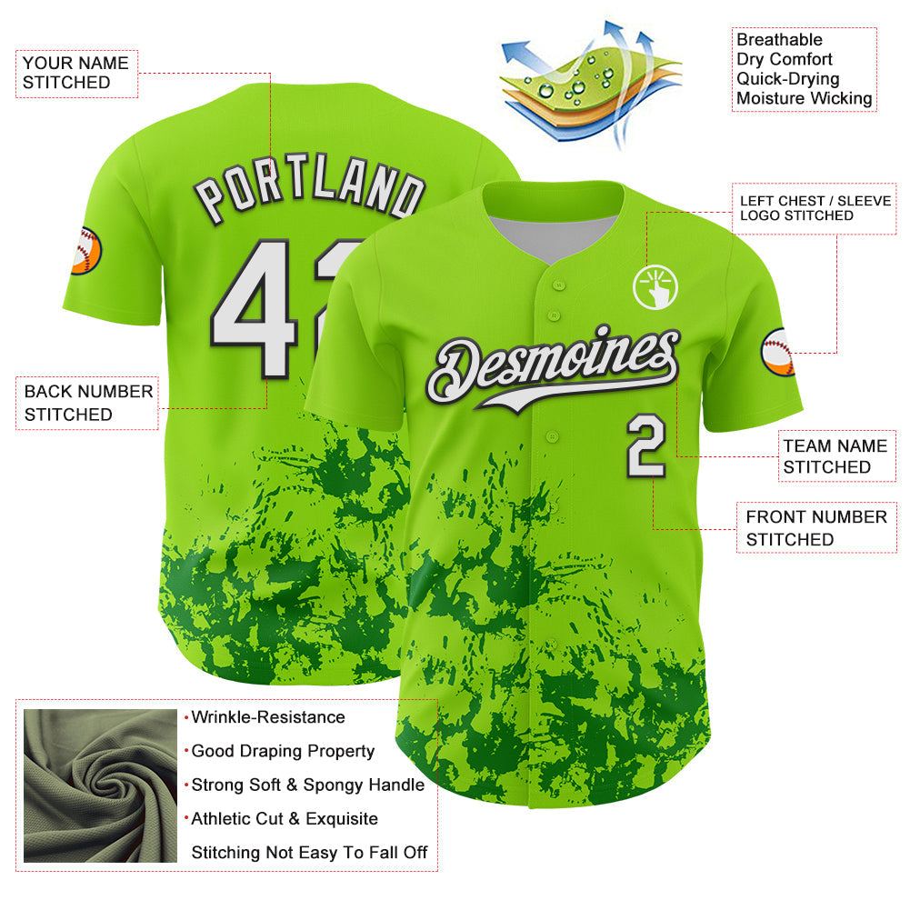 Custom Neon Green White Black-Green Splatter Authentic Baseball Jersey baseball jersey product view 3
