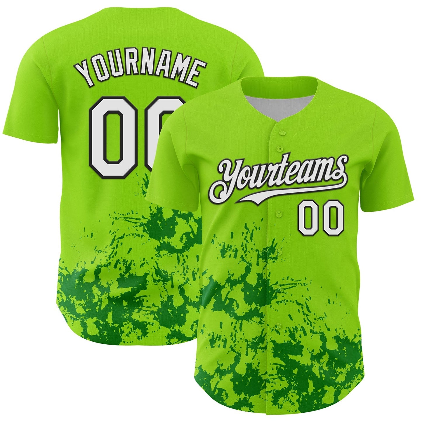 Custom Neon Green White Black-Green Splatter Authentic Baseball Jersey baseball jersey product view 1