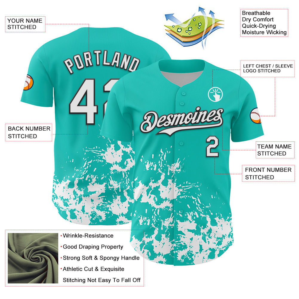 Custom Aqua White-Black Splatter Authentic Baseball Jersey baseball jersey product view 3