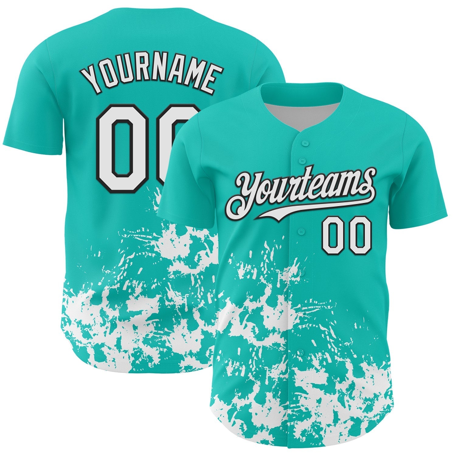 Custom Aqua White-Black Splatter Authentic Baseball Jersey baseball jersey product view 1