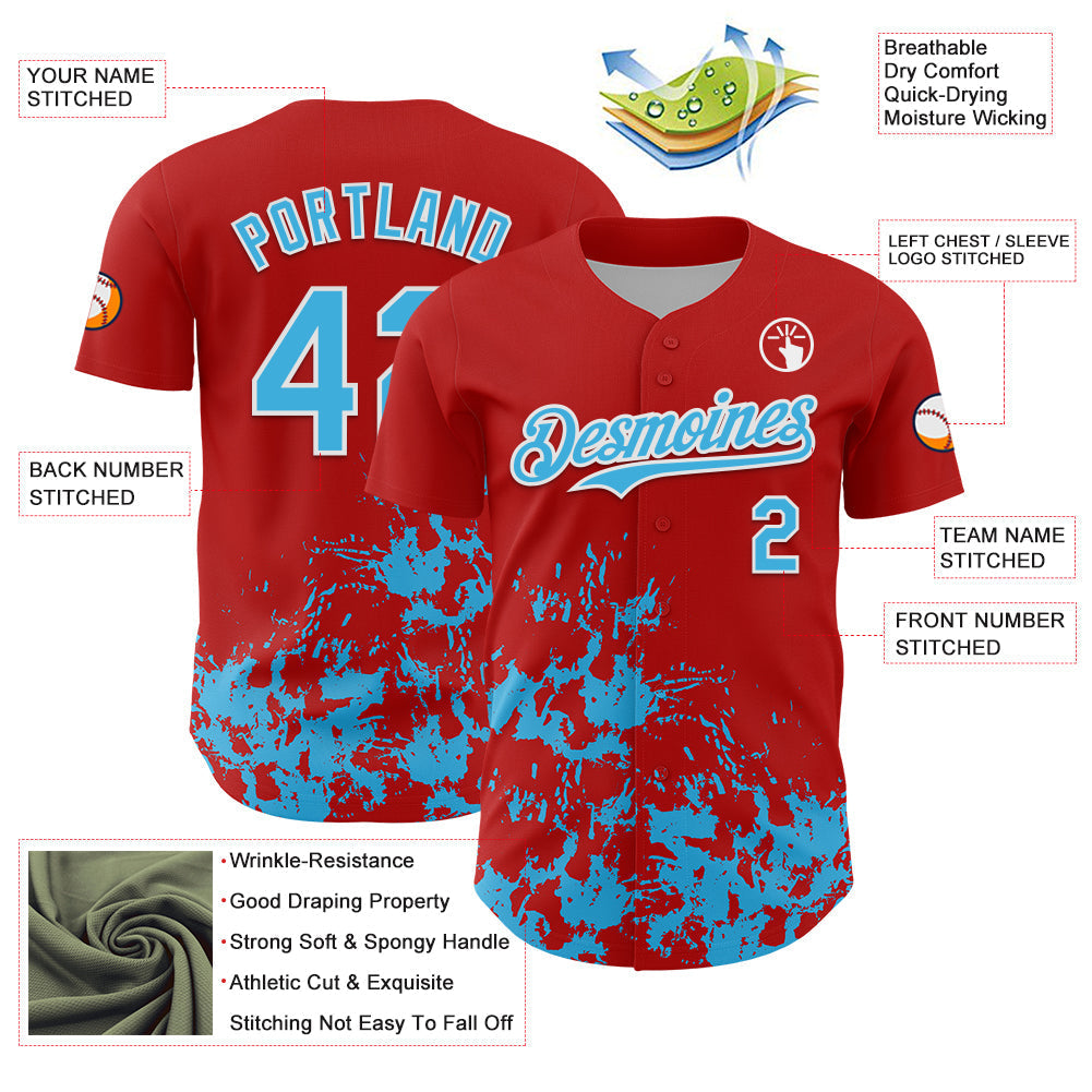 Custom Red Sky Blue-White Splatter Authentic Baseball Jersey baseball jersey product view 3