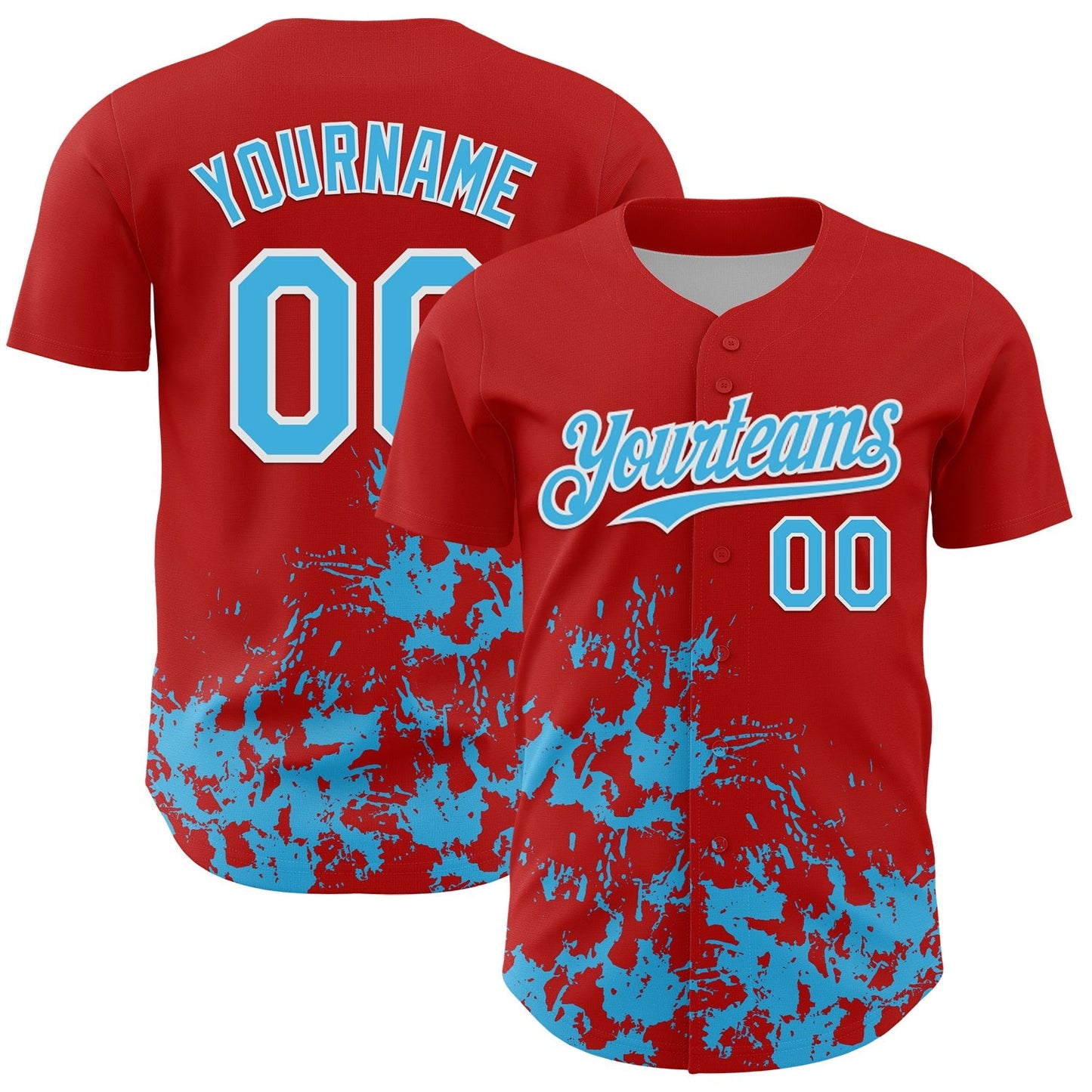 Custom Red Sky Blue-White Splatter Authentic Baseball Jersey baseball jersey product view 1
