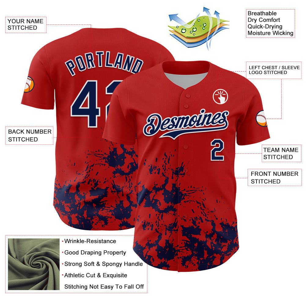 Custom Red Navy-White Splatter Authentic Baseball Jersey baseball jersey product view 3