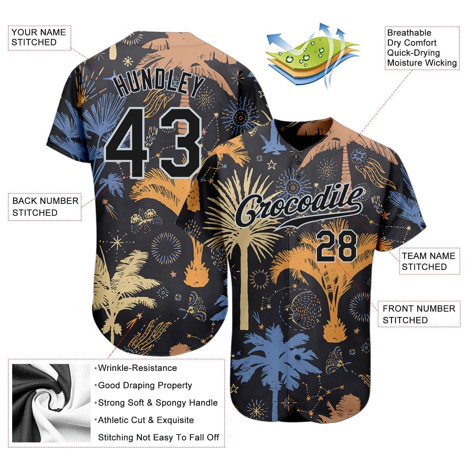 Custom Black Silver 3D Pattern Design Hawaii Palm Trees Authentic Baseball Jersey baseball jersey product view 3