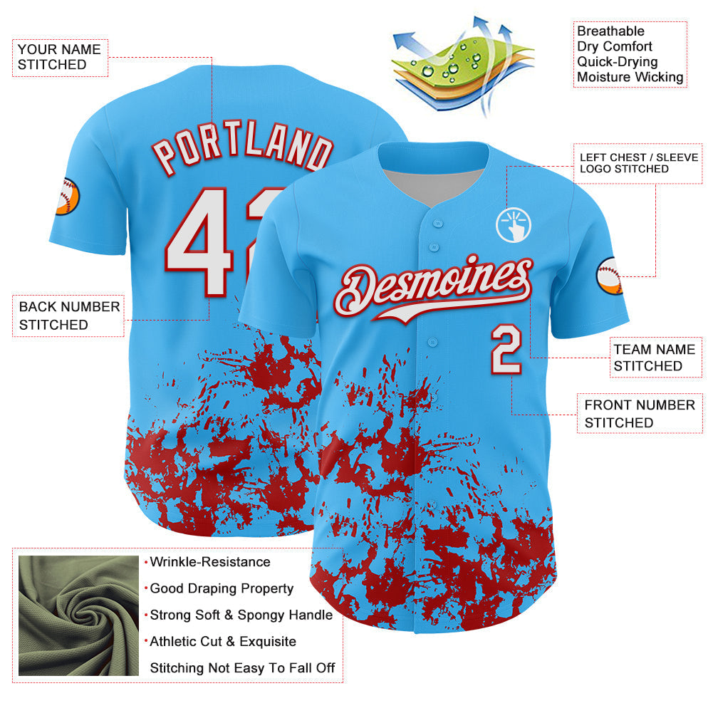 Custom Sky Blue White-Red Splatter Authentic Baseball Jersey baseball jersey product view 3