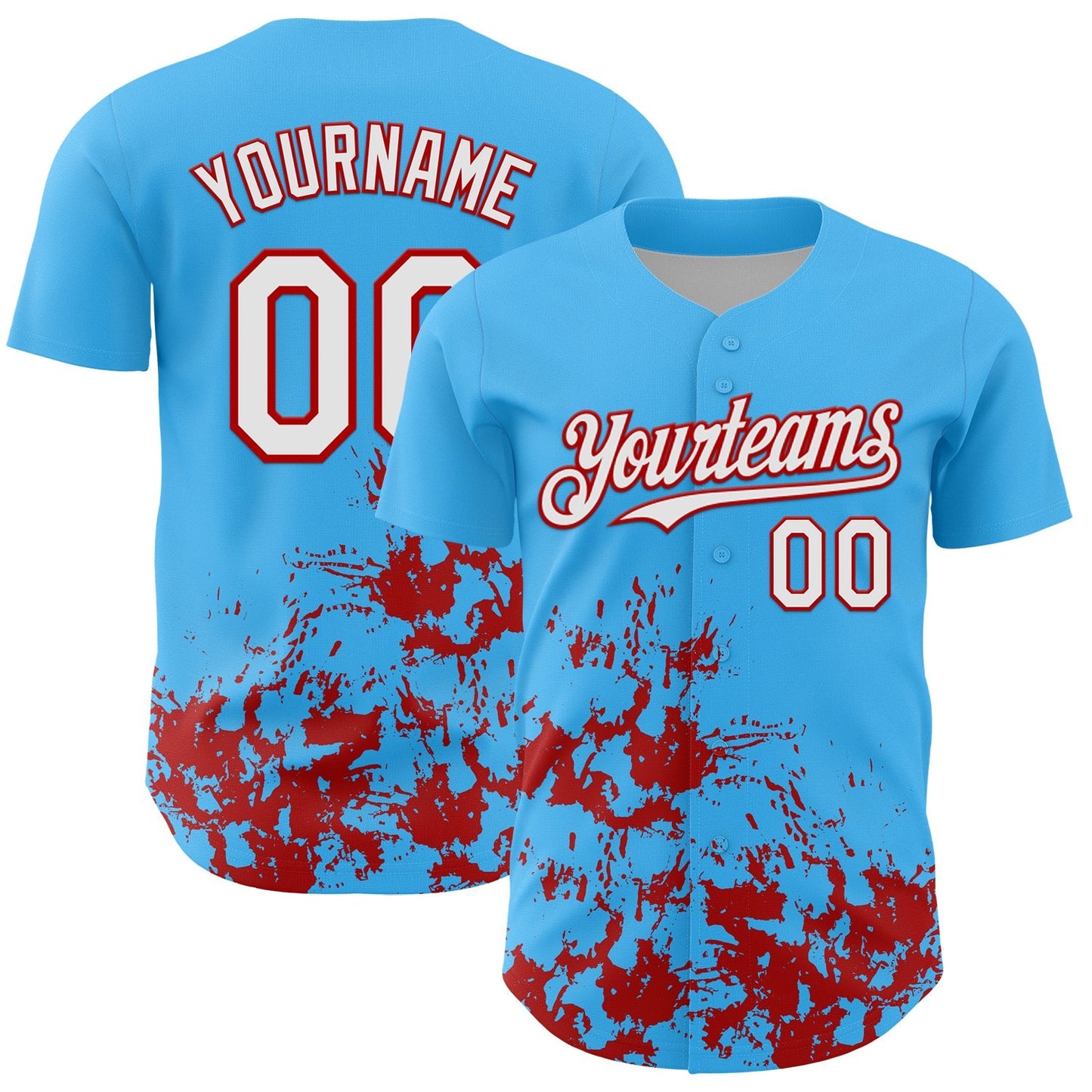 Custom Sky Blue White-Red Splatter Authentic Baseball Jersey baseball jersey product view 1