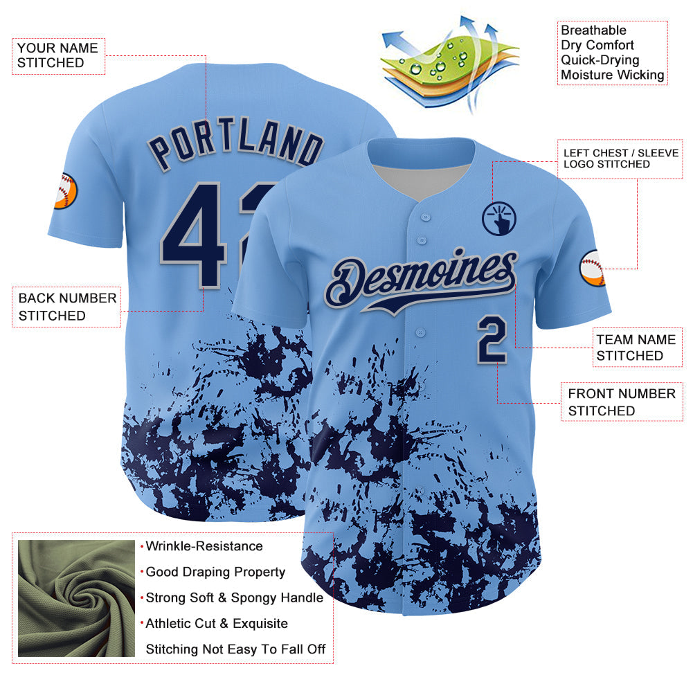 Custom Light Blue Navy-Gray Splatter Authentic Baseball Jersey baseball jersey product view 3