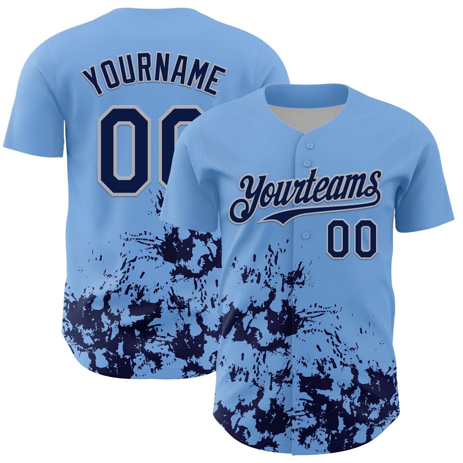 Custom Light Blue Navy-Gray Splatter Authentic Baseball Jersey baseball jersey product view 1