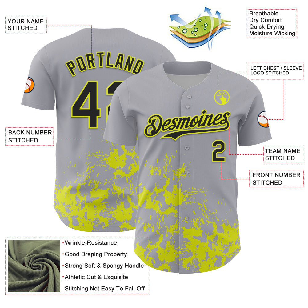 Custom Gray Black-Neon Yellow Splatter Authentic Baseball Jersey baseball jersey product view 3