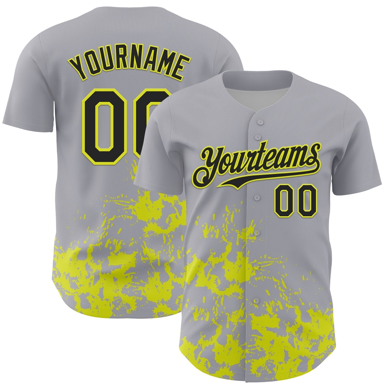 Custom Gray Black-Neon Yellow Splatter Authentic Baseball Jersey baseball jersey product view 1