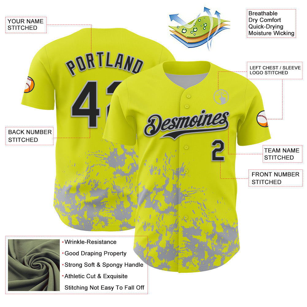 Custom Neon Yellow Black-Gray Splatter Authentic Baseball Jersey baseball jersey product view 3