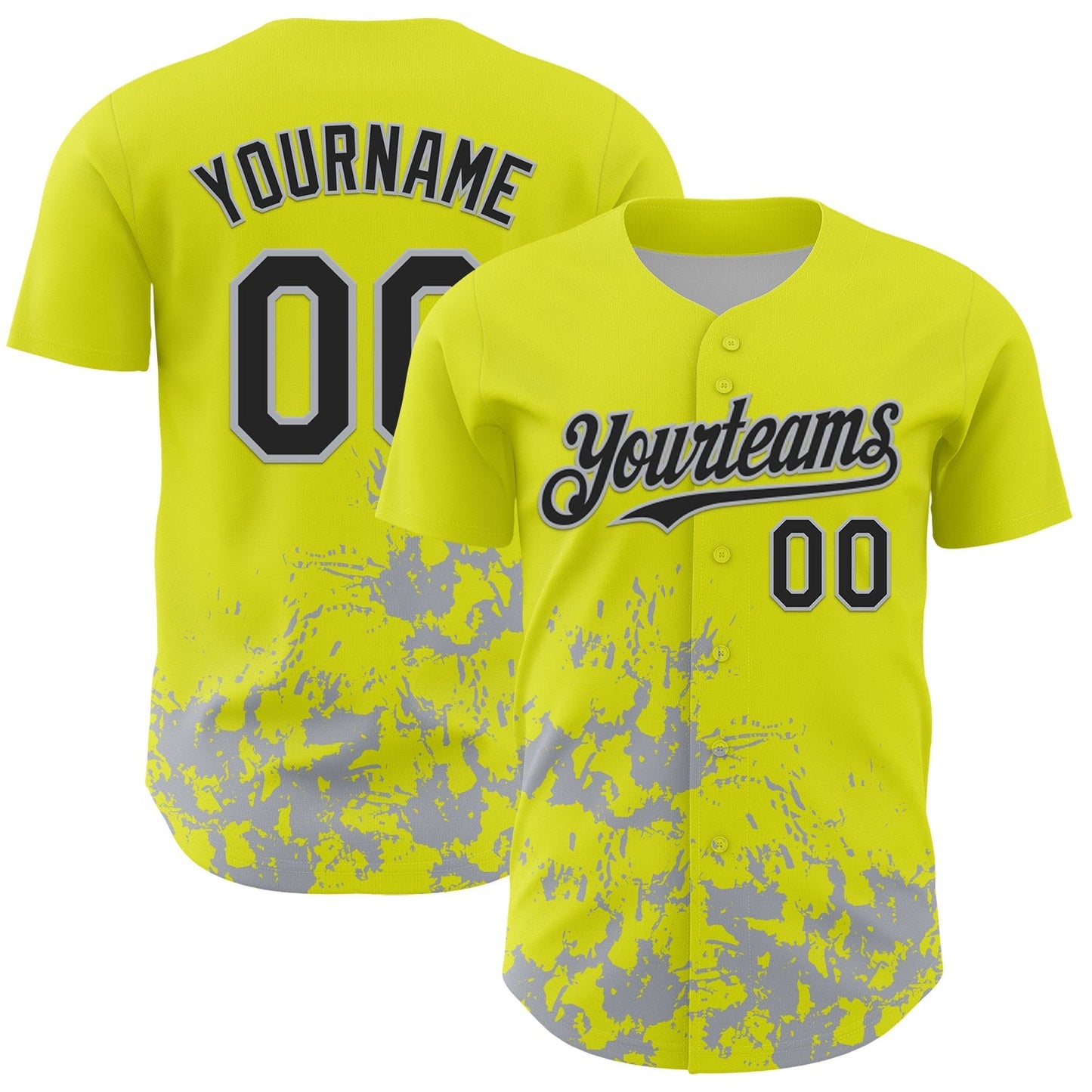 Custom Neon Yellow Black-Gray Splatter Authentic Baseball Jersey baseball jersey product view 1