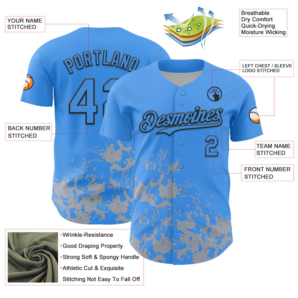 Custom Powder Blue Black-Gray Splatter Authentic Baseball Jersey baseball jersey product view 3