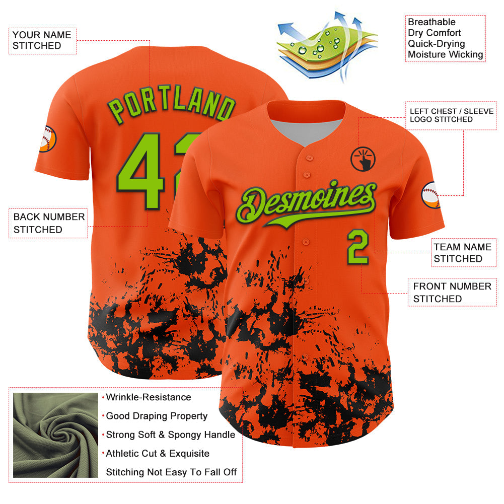 Custom Orange Neon Green-Black Splatter Authentic Baseball Jersey baseball jersey product view 3