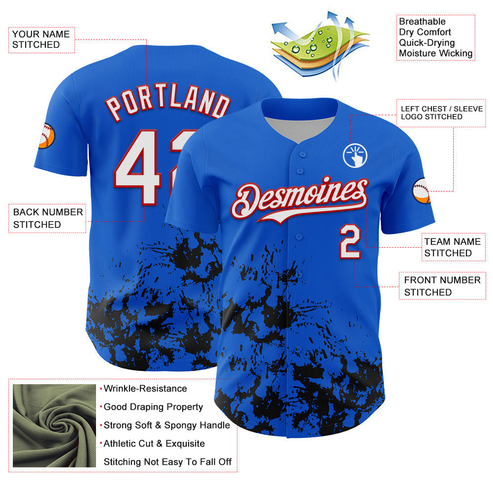 Custom Thunder Blue White Red-Black Splatter Authentic Baseball Jersey baseball jersey product view 3