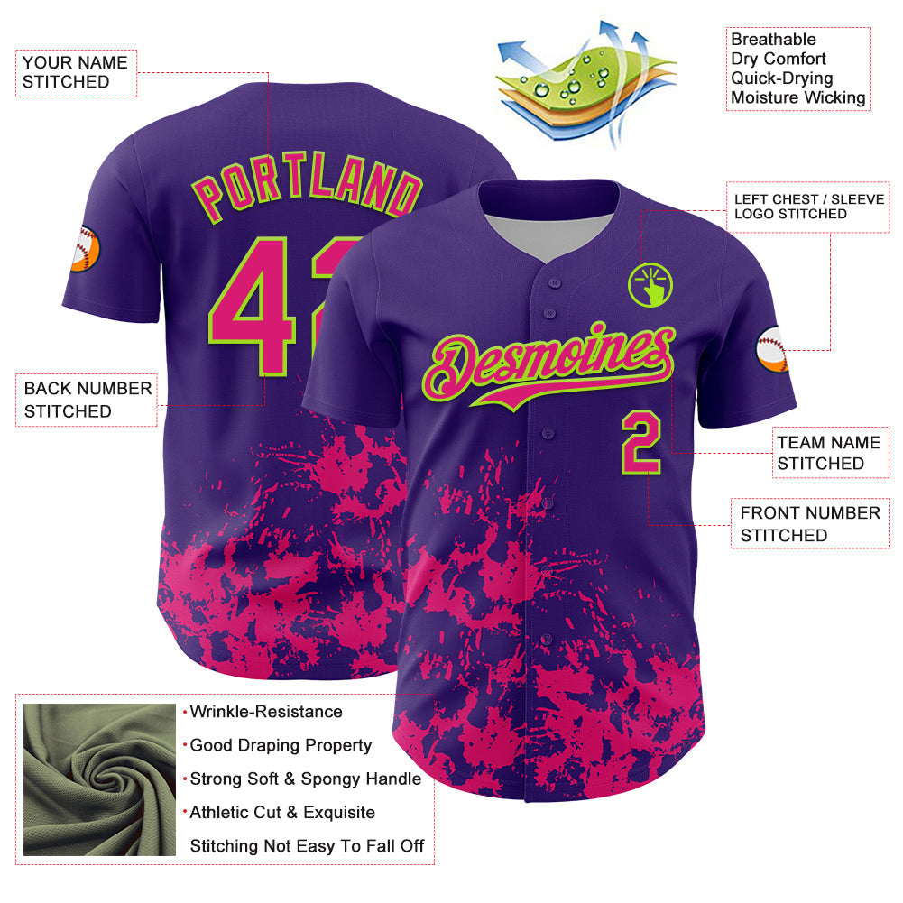 Custom Purple Hot Pink-Neon Green Splatter Authentic Baseball Jersey baseball jersey product view 3