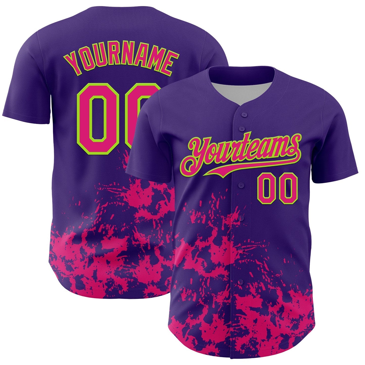 Custom Purple Hot Pink-Neon Green Splatter Authentic Baseball Jersey baseball jersey product view 1