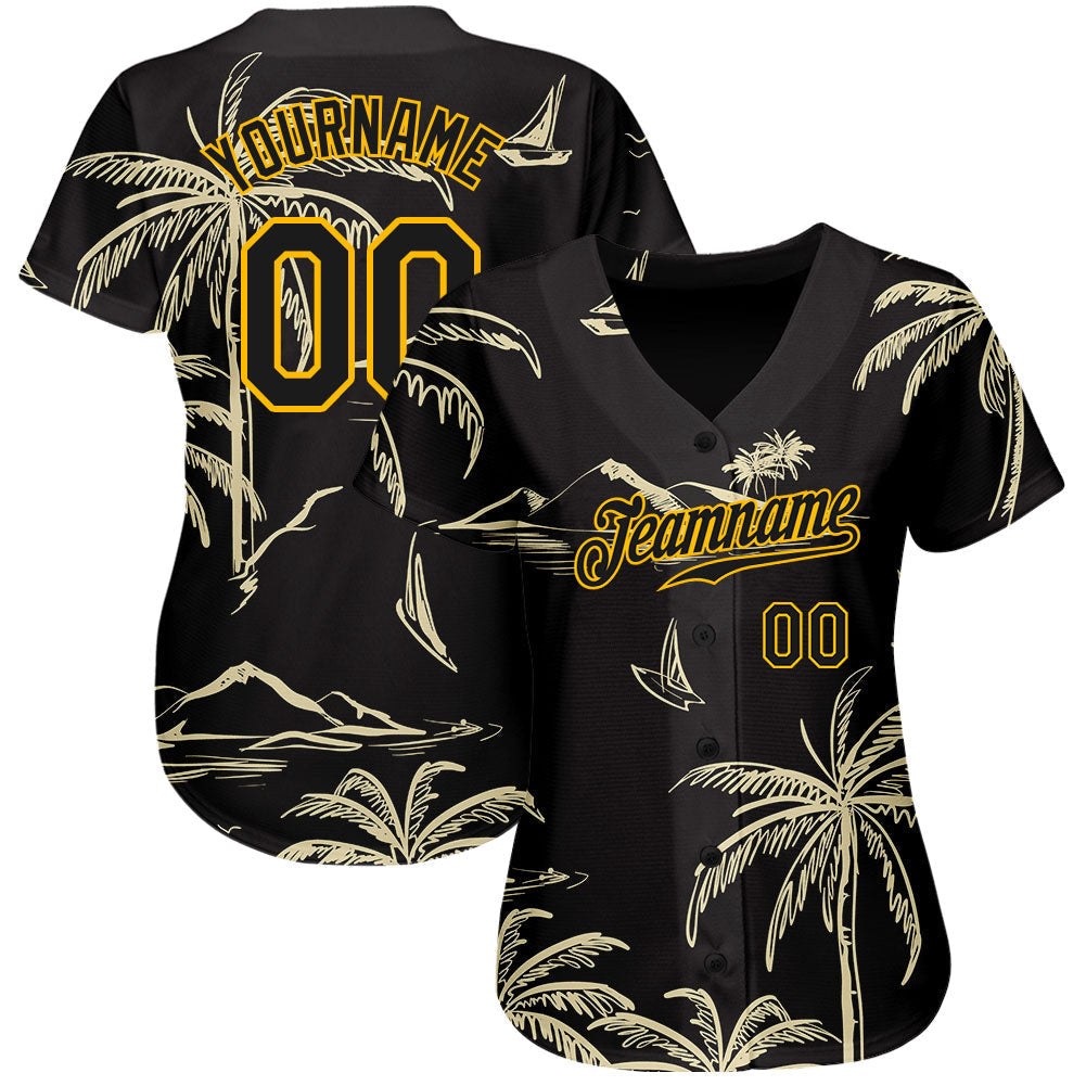Custom Black Gold 3D Pattern Design Hawaii Palm Trees Island And Sailboat Authentic Baseball Jersey baseball jersey product view 3