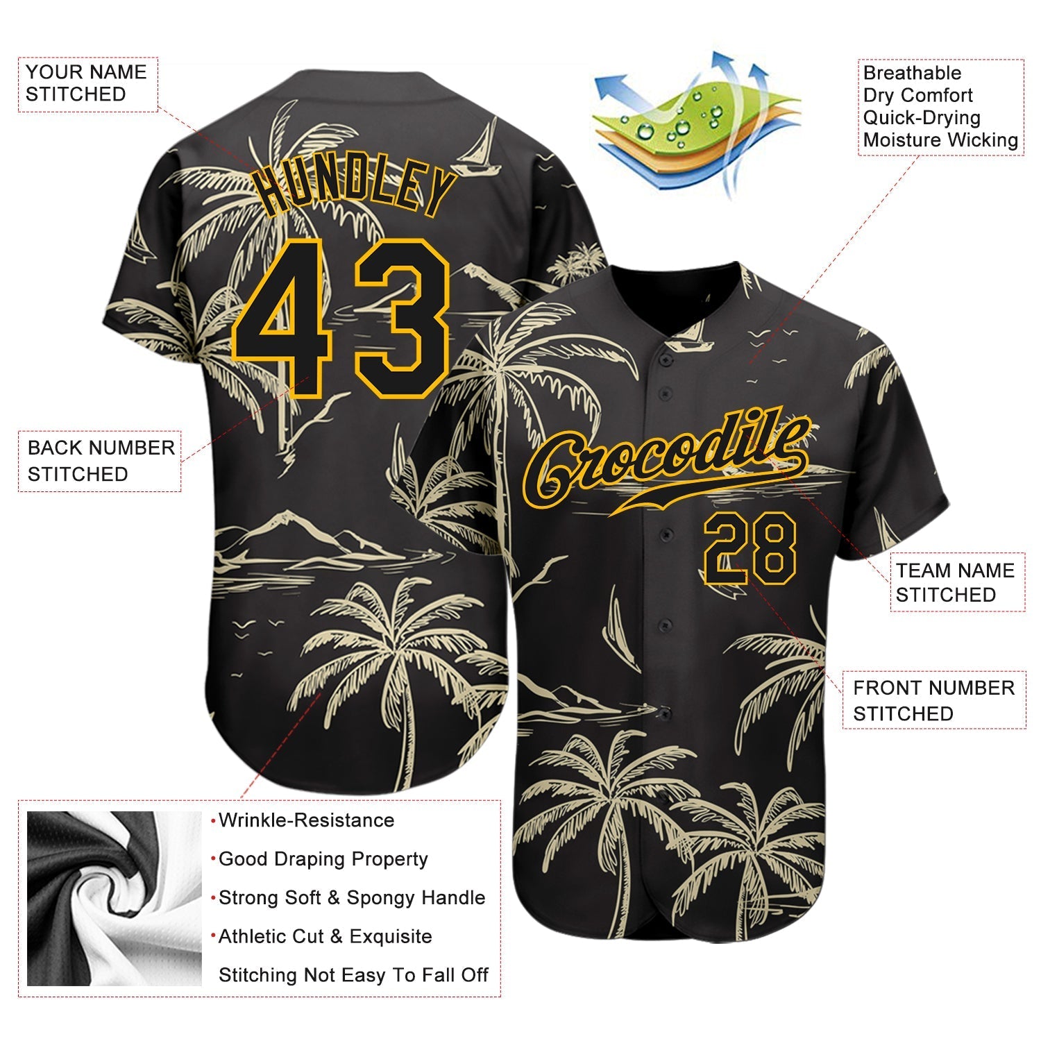 Custom Black Gold 3D Pattern Design Hawaii Palm Trees Island And Sailboat Authentic Baseball Jersey baseball jersey product view 4