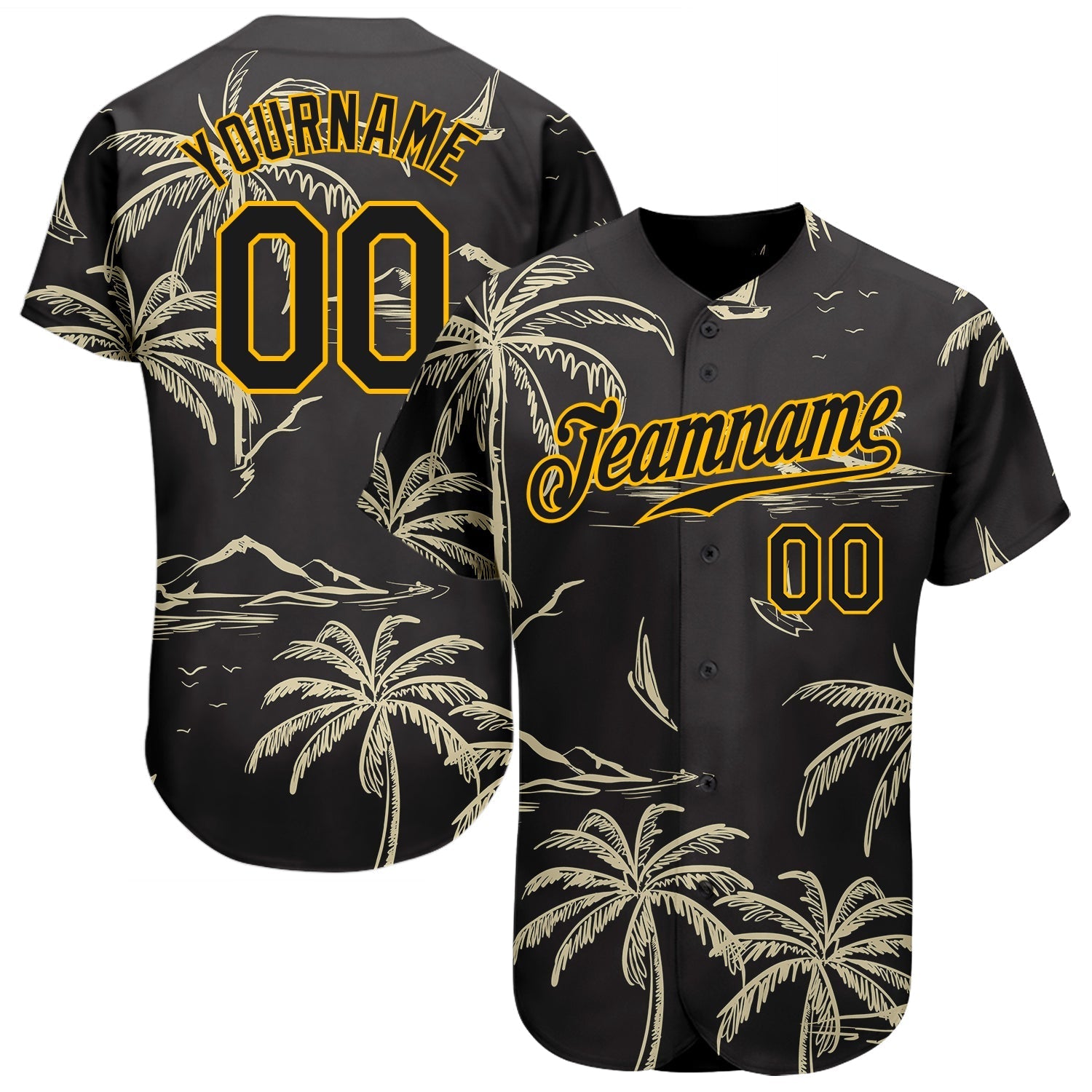 Custom Black Gold 3D Pattern Design Hawaii Palm Trees Island And Sailboat Authentic Baseball Jersey baseball jersey product view 1