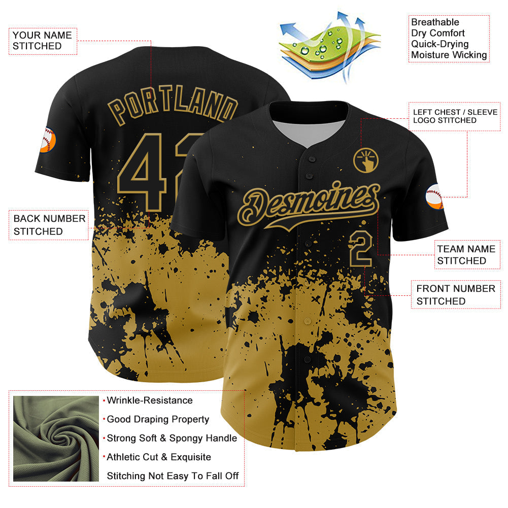 Custom Black Old Gold Abstract Splatter Grunge Authentic Baseball Jersey baseball jersey product view 3
