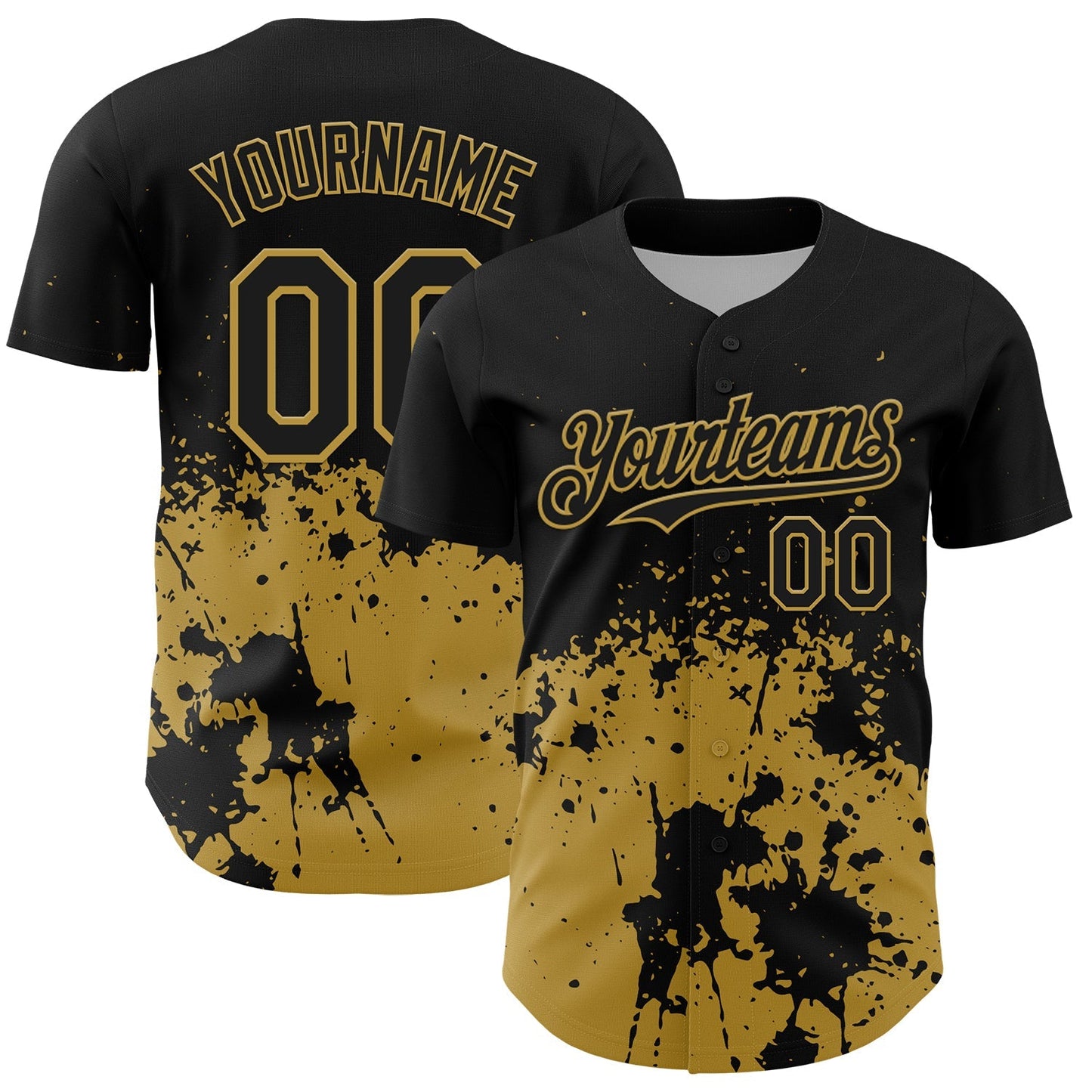 Custom Black Old Gold Abstract Splatter Grunge Authentic Baseball Jersey baseball jersey product view 1