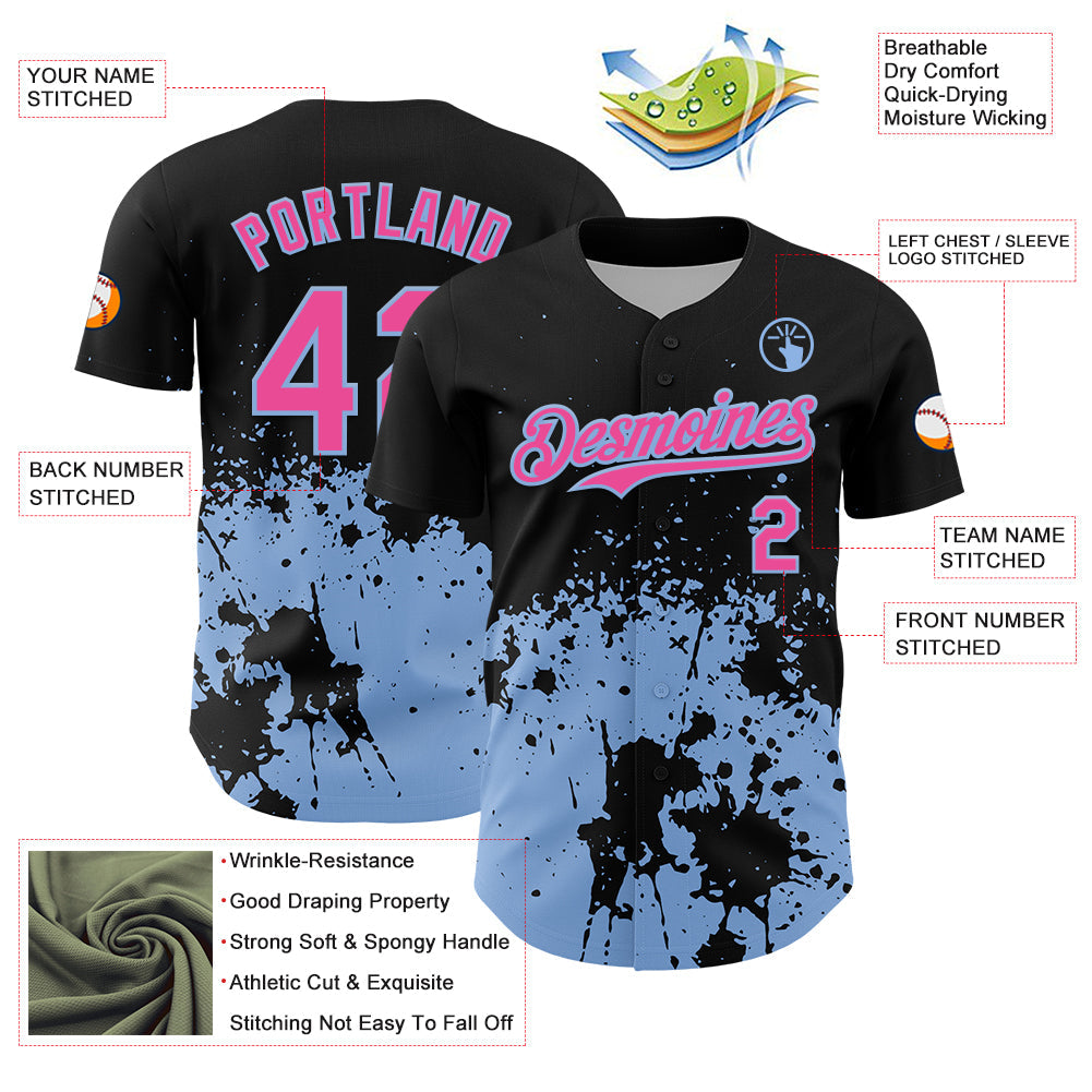 Custom Black Pink-Light Blue Abstract Splatter Grunge Authentic Baseball Jersey baseball jersey product view 3