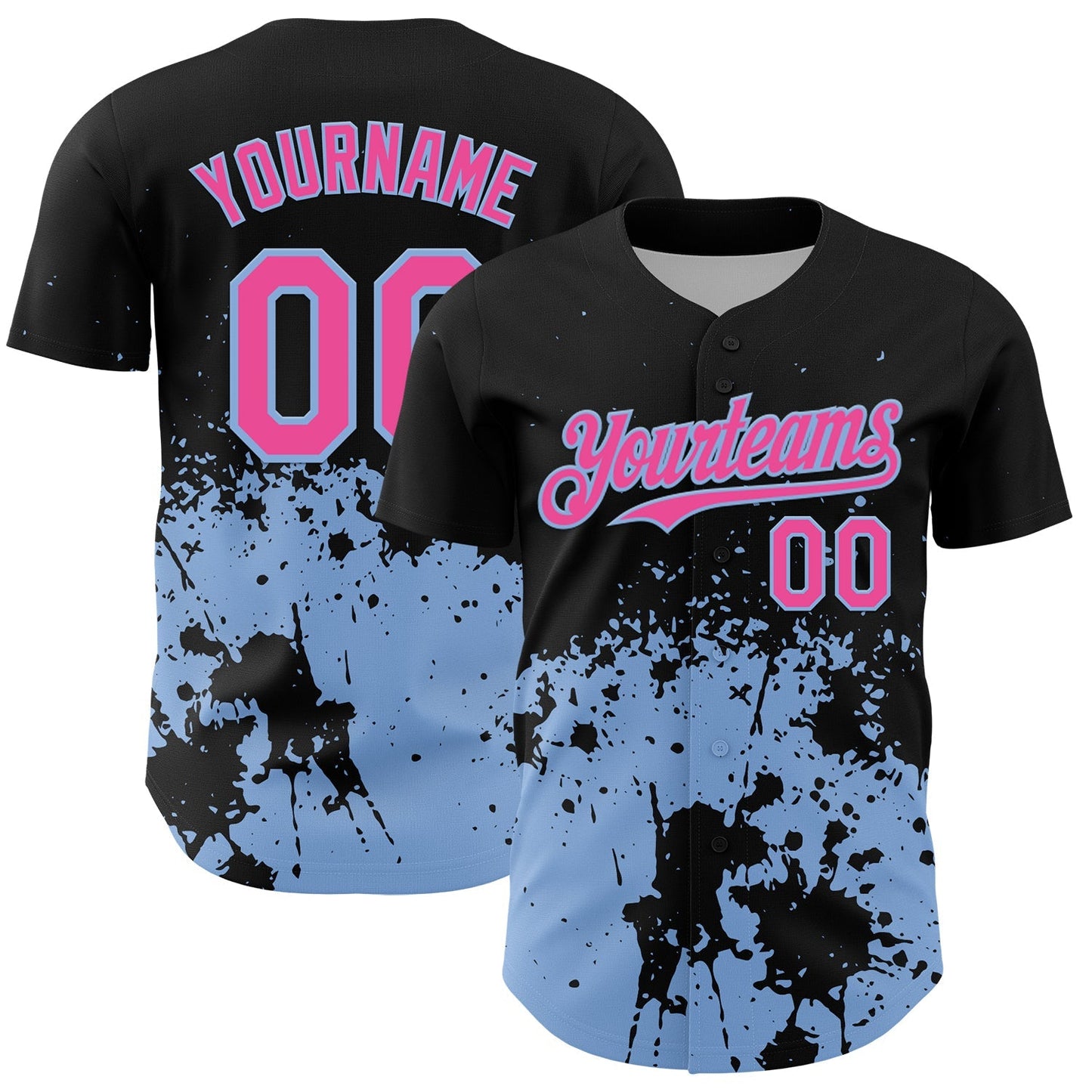 Custom Black Pink-Light Blue Abstract Splatter Grunge Authentic Baseball Jersey baseball jersey product view 1