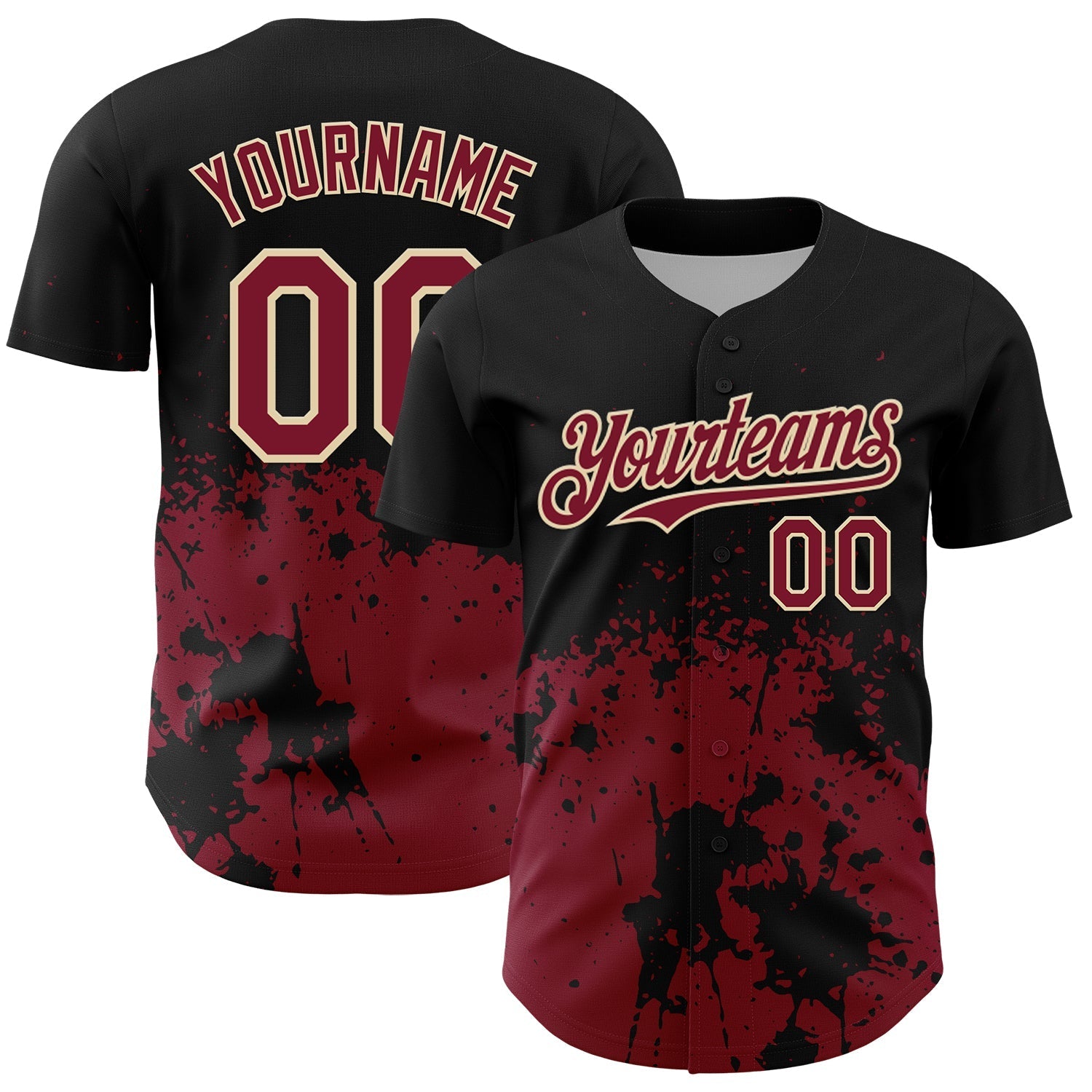 Custom Black Crimson-Cream Abstract Splatter Grunge Authentic Baseball Jersey baseball jersey product view 1
