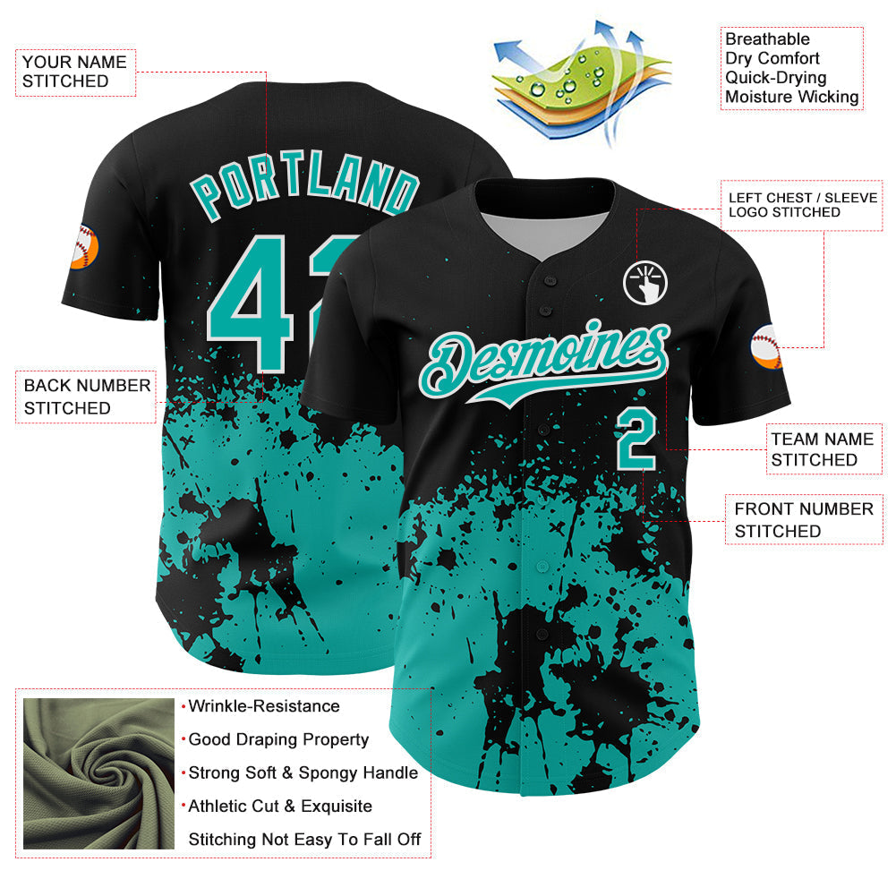 Custom Black Aqua-White Abstract Splatter Grunge Authentic Baseball Jersey baseball jersey product view 3