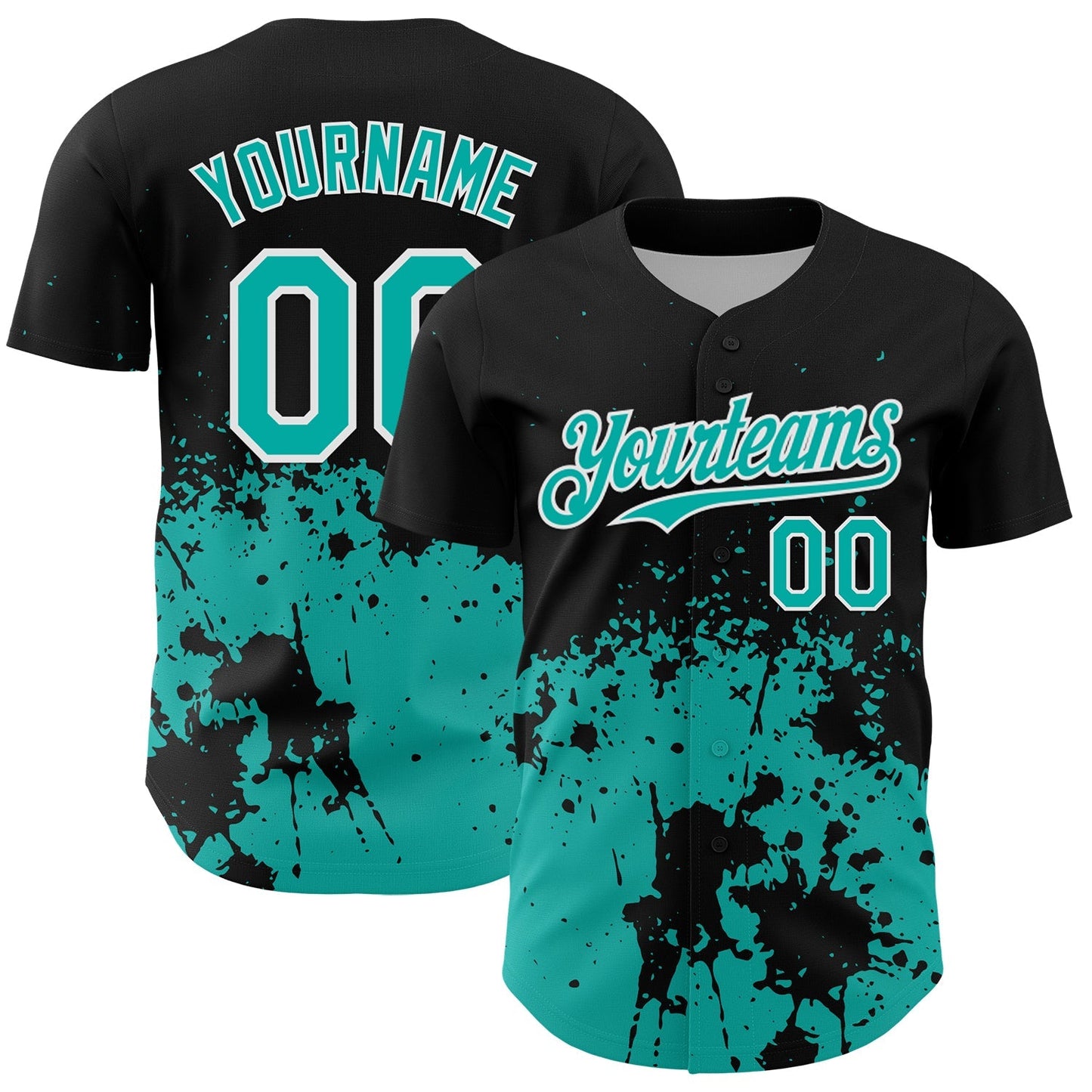 Custom Black Aqua-White Abstract Splatter Grunge Authentic Baseball Jersey baseball jersey product view 1
