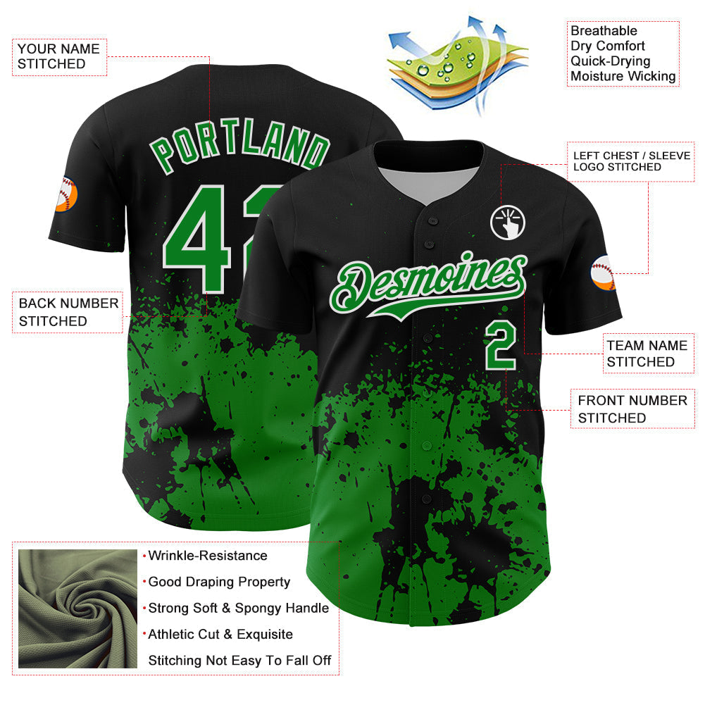 Custom Black Grass Green-White Abstract Splatter Grunge Authentic Baseball Jersey baseball jersey product view 3