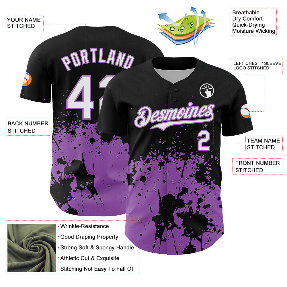 Custom Black White-Medium Purple Abstract Splatter Grunge Authentic Baseball Jersey baseball jersey product view 3