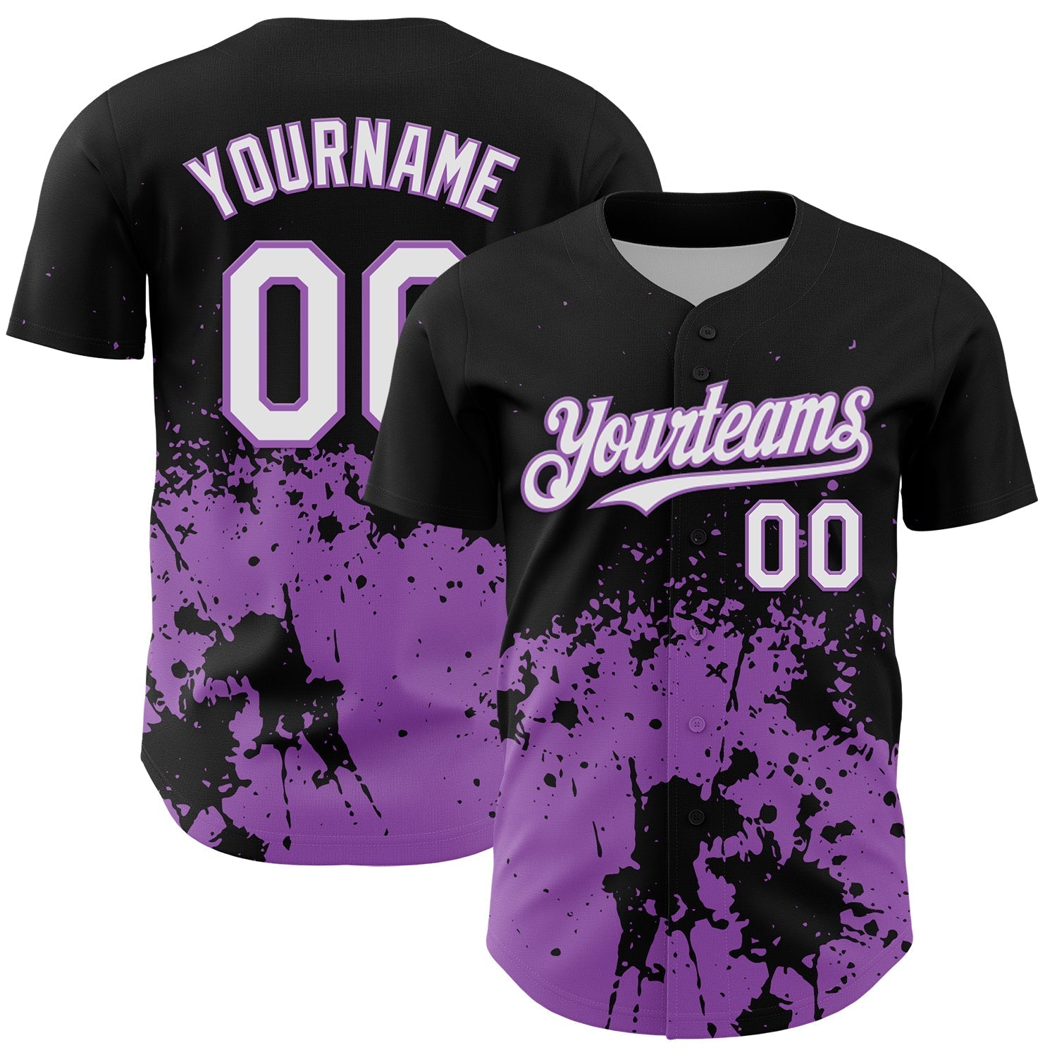 Custom Black White-Medium Purple Abstract Splatter Grunge Authentic Baseball Jersey baseball jersey product view 1