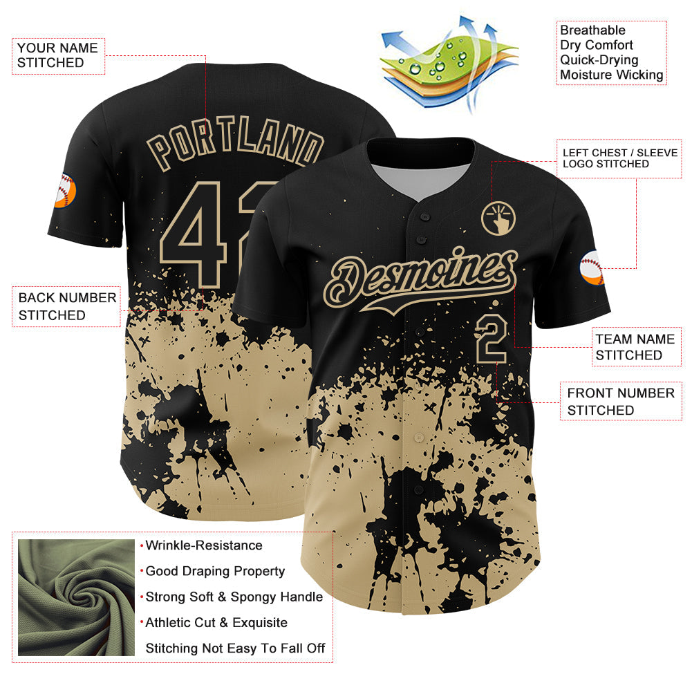 Custom Black Vegas Gold Abstract Splatter Grunge Authentic Baseball Jersey baseball jersey product view 3
