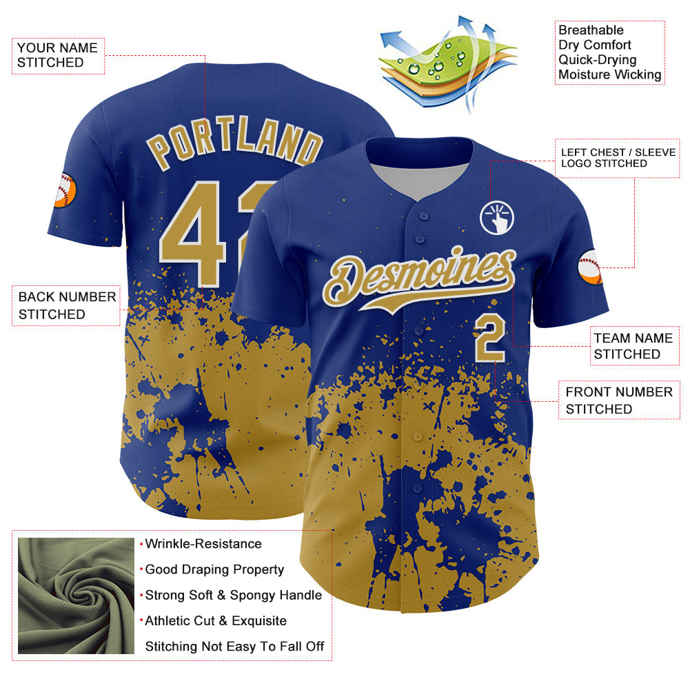 Custom Royal Old Gold-White Abstract Splatter Grunge Authentic Baseball Jersey baseball jersey product view 3