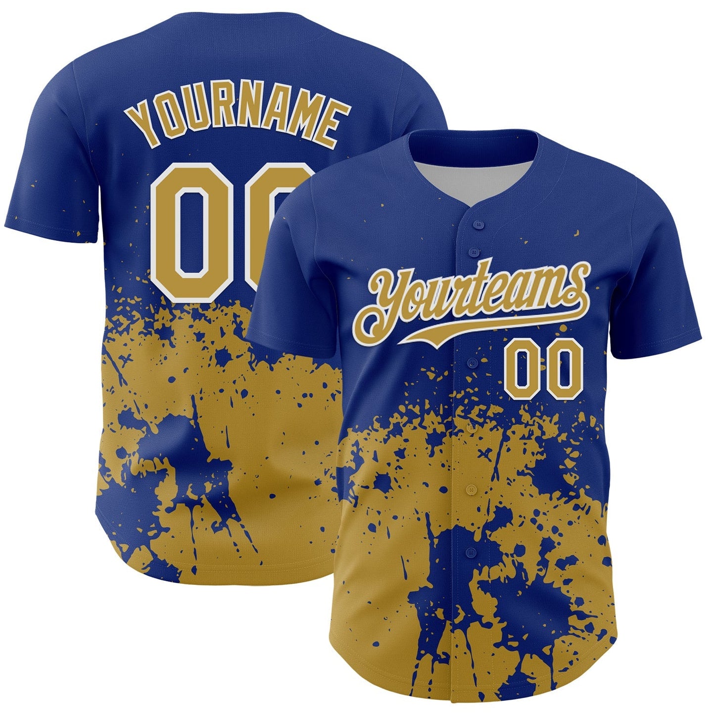 Custom Royal Old Gold-White Abstract Splatter Grunge Authentic Baseball Jersey baseball jersey product view 1